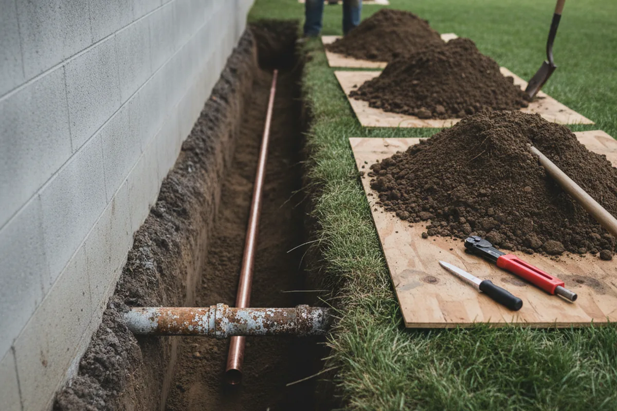 Excavated water line trench during Sewer Line Repair in Ivoryton